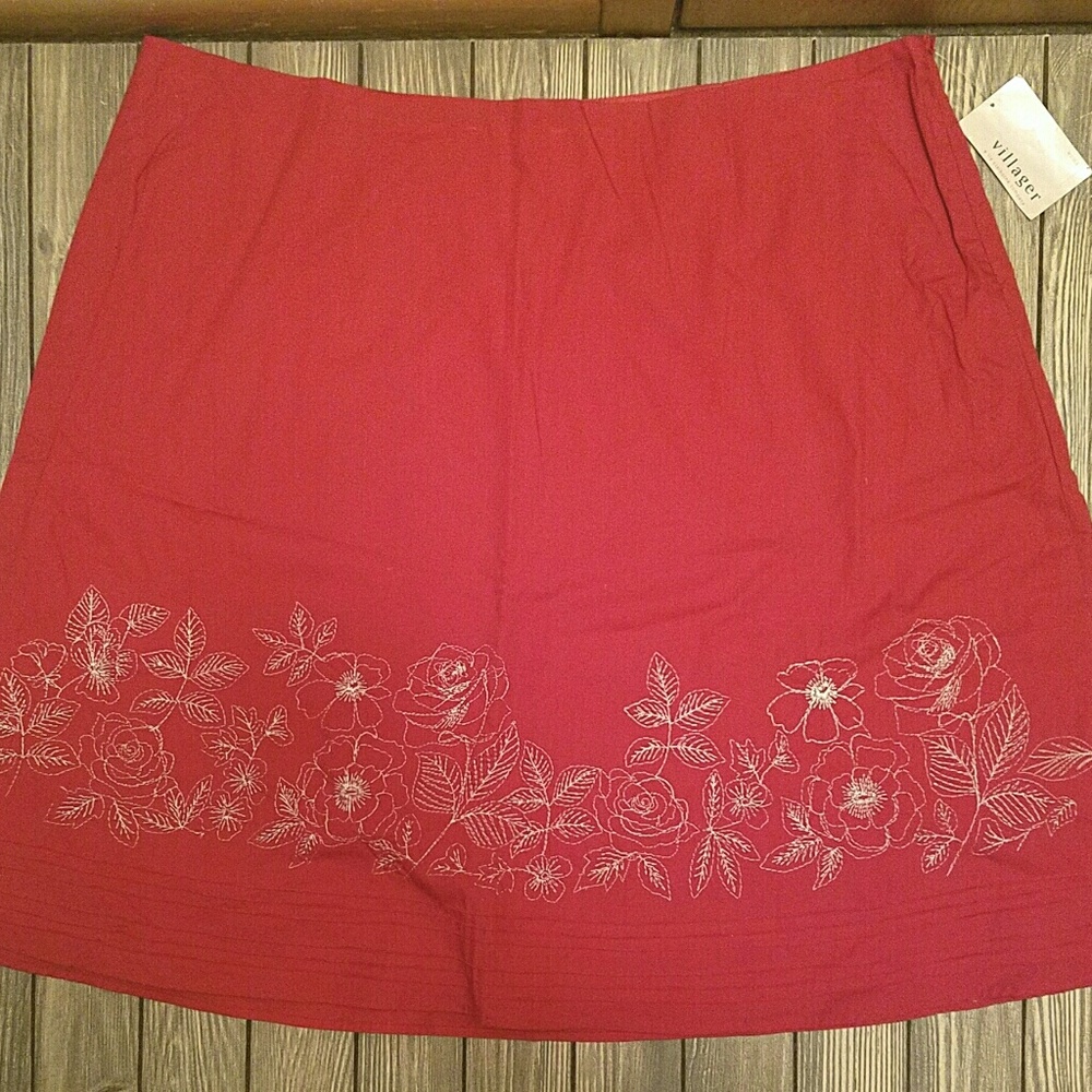 Villager red aline skirt with embroidery